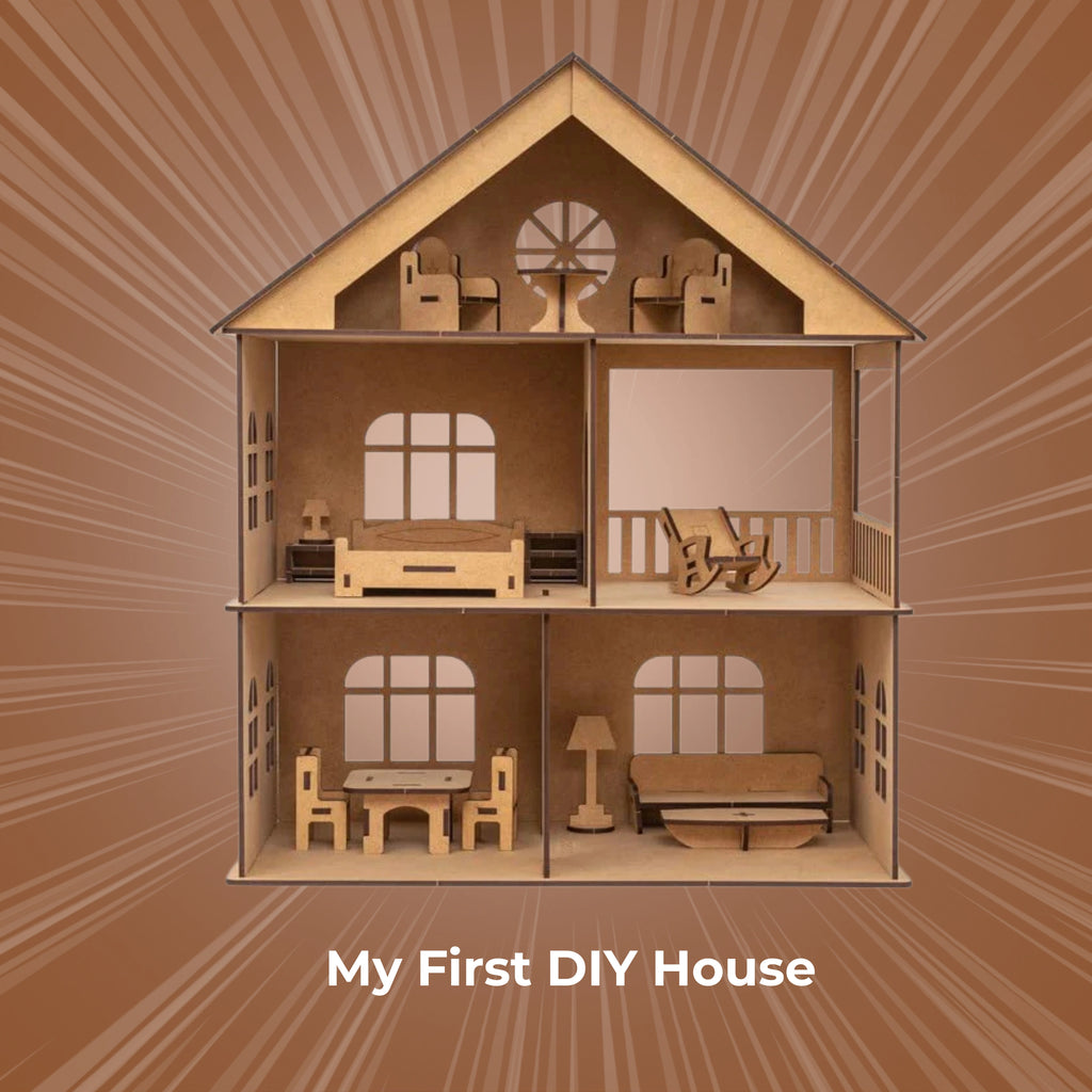 DIY Wooden Doll House with Furniture (Includes Paint Set)