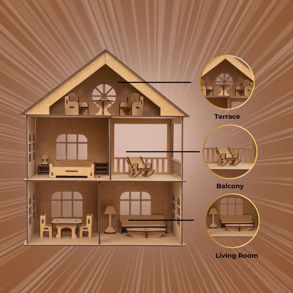 DIY Wooden Doll House with Furniture (Includes Paint Set)