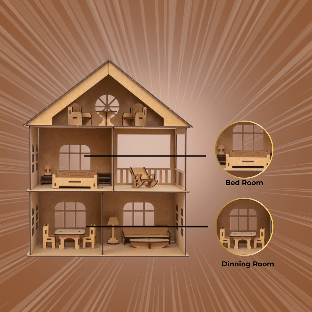 DIY Wooden Doll House with Furniture (Includes Paint Set)