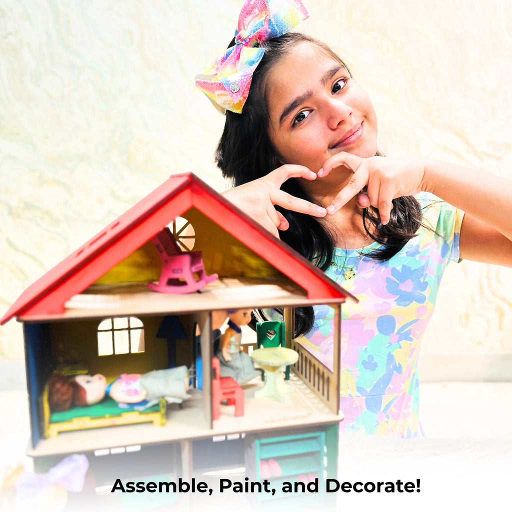 DIY Wooden Doll House with Furniture (Includes Paint Set)