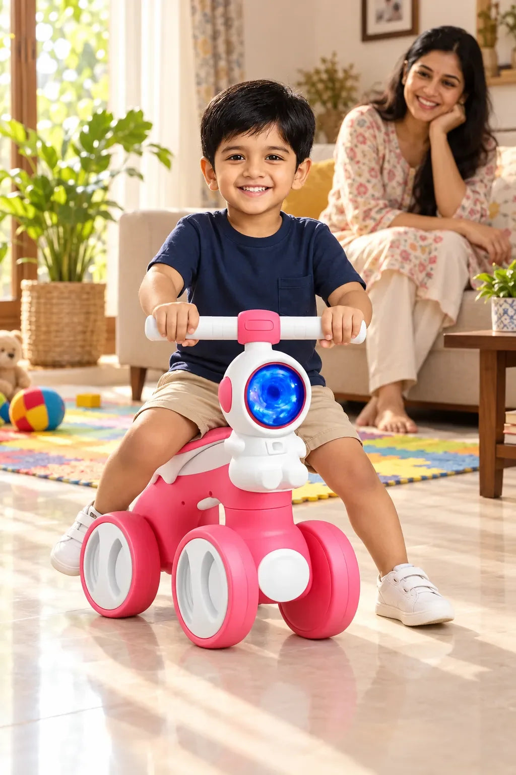 Indian toddler riding WishLuck Astronaut Shape Balance Bike indoors with parent watching