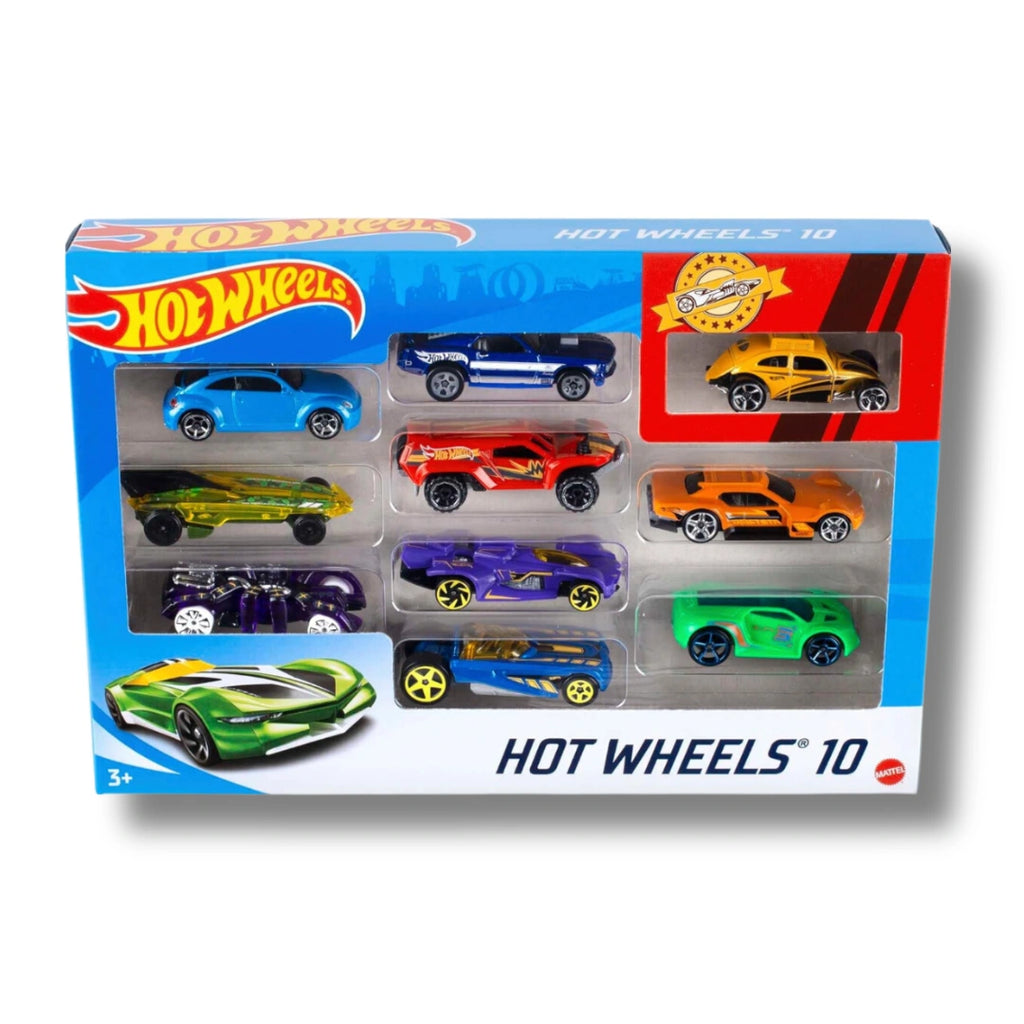 A collection of 10 die-cast metal Hot Wheels cars in various colors and designs, perfect for racing and collecting.