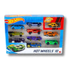 A collection of 10 die-cast metal Hot Wheels cars in various colors and designs, perfect for racing and collecting.