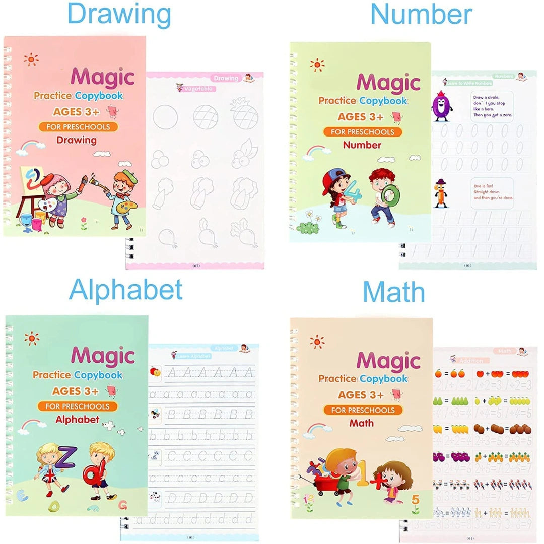 Magic Practice Copybook, (4 BOOK +1 PEN + 10 ) Calligraphy books for kids Reusable Writing Tool