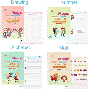 Magic Practice Copybook, (4 BOOK +1 PEN + 10 ) Calligraphy books for kids Reusable Writing Tool