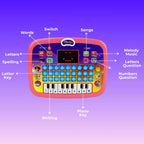blue kids educational tablet with labeled music and question features