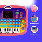 child using pink kids educational tablet on bed with close-up insets
