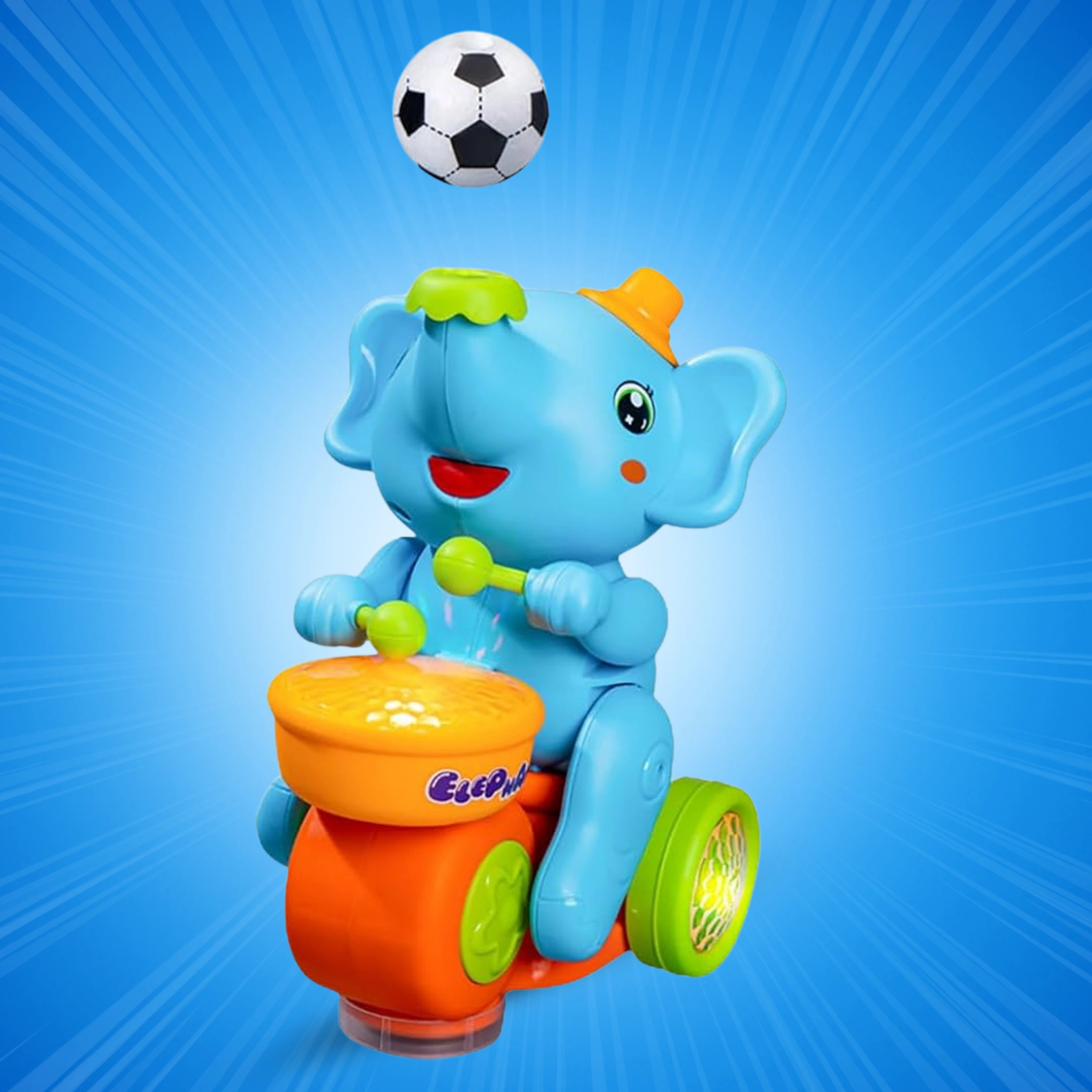 Miracland Drumming Elephant Car, Multifunctional Musical Blow Floating Ball, Tricycle With Universal Wheel, Lights And Music, 2 Foam Balls (Yellow