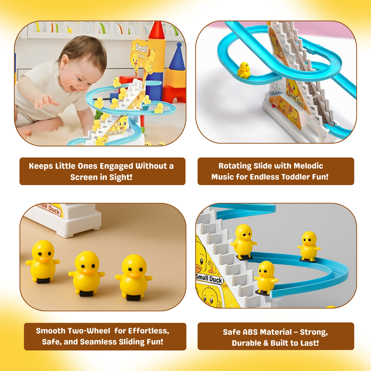 QuackTrail Musical Duck Stairway toy with icons for shape, coordination, and music