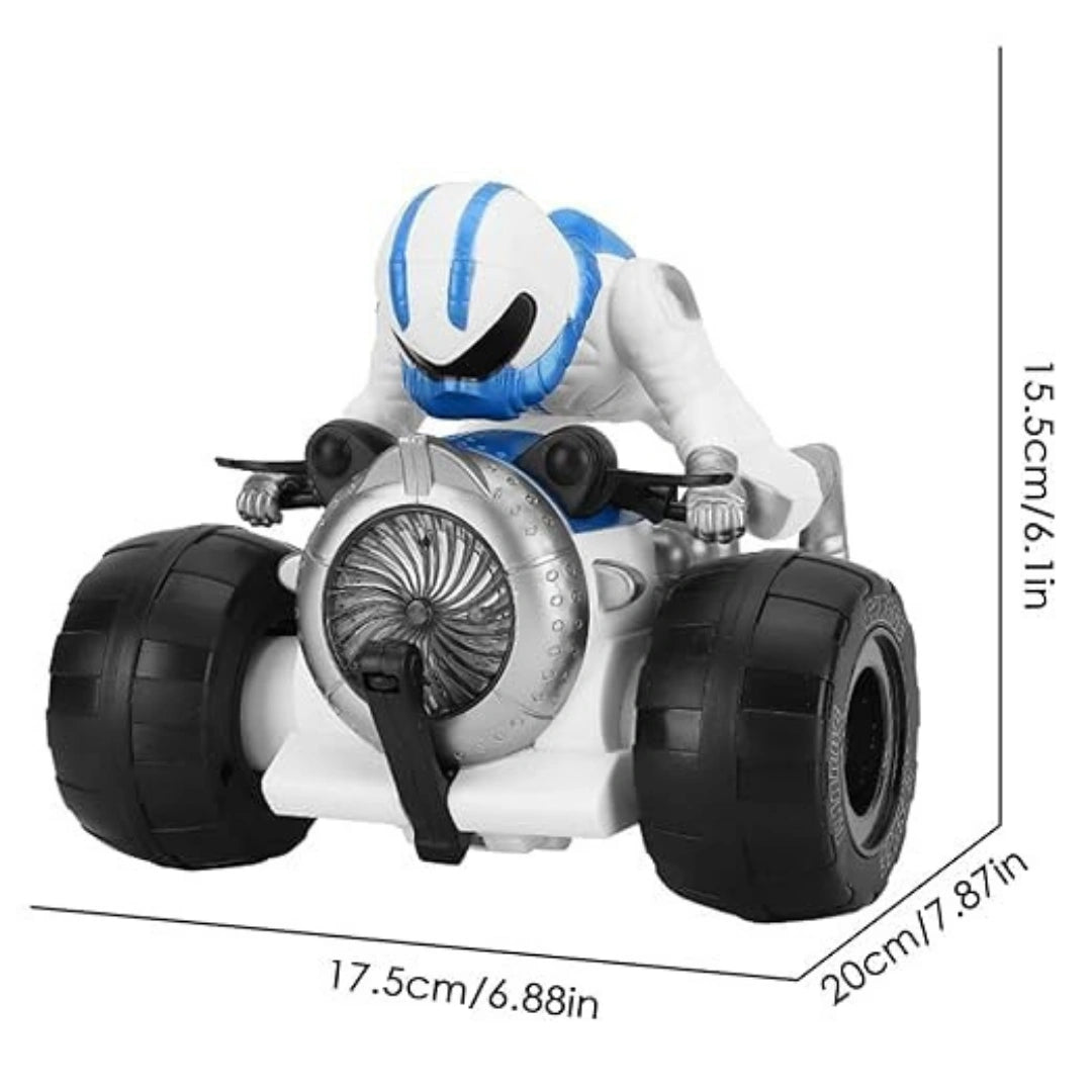 A toy Motorcycle featuring a white and blue helmet, designed for racing and equipped with music and 360-degree rotation.