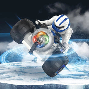 A toy Motorcycle featuring a white helmet and blue lights, designed for 360-degree stunts and equipped with music.