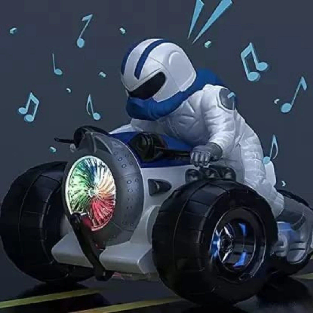 A man in a space suit rides a toy car, featuring a Stunt Spin Motorcycle that rotates 360 degrees and plays music.
