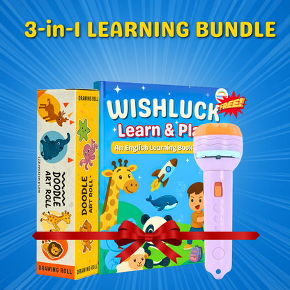 3-in-1 LEARNING BUNDLE : Drawing Sheet + Learn & Play + Projector Torch ( Free ) | Kids learning bundle by Wishluck